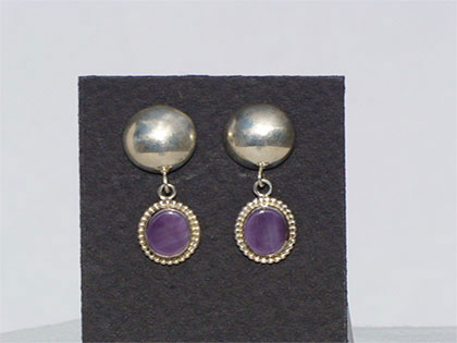 Two tiered sterling silver post earrings first tier sterling silver domed second tier 8mm oval purple wampum shell